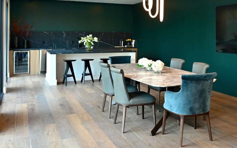 a community kitchen with tables and chairs